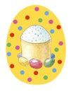 Yellow easter egg on a white background in multicolored circles with watercolor pattern in the middle - cake kulich with egg